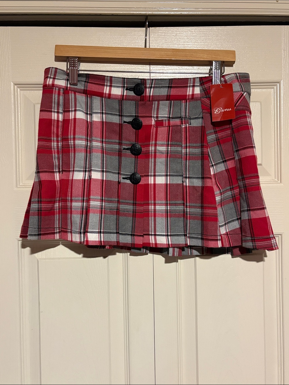 Guess Red and Gray Plaid Button-Front Mini Skirt